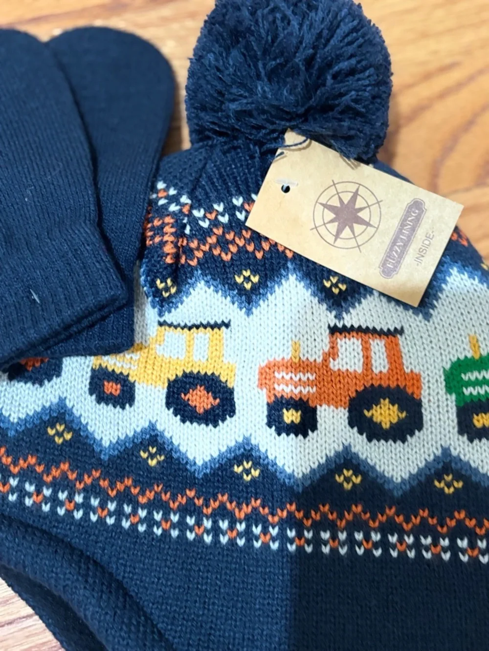Navy Pom Pom Earflap Beanie and Mittens Tractor Fair Isle Knit Pattern NWT